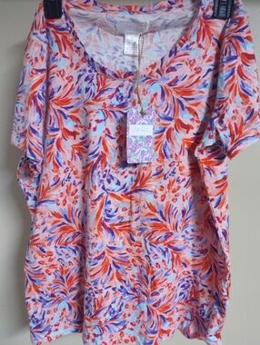 NWT Stella Parker Collection Women's Floral Coral Red SS T-Shirt Small #KC20423